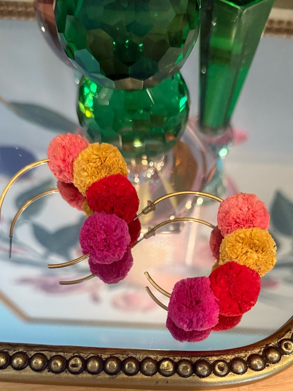 Boden Gold Hoop Earrings with Pink, Red, Yellow Poms